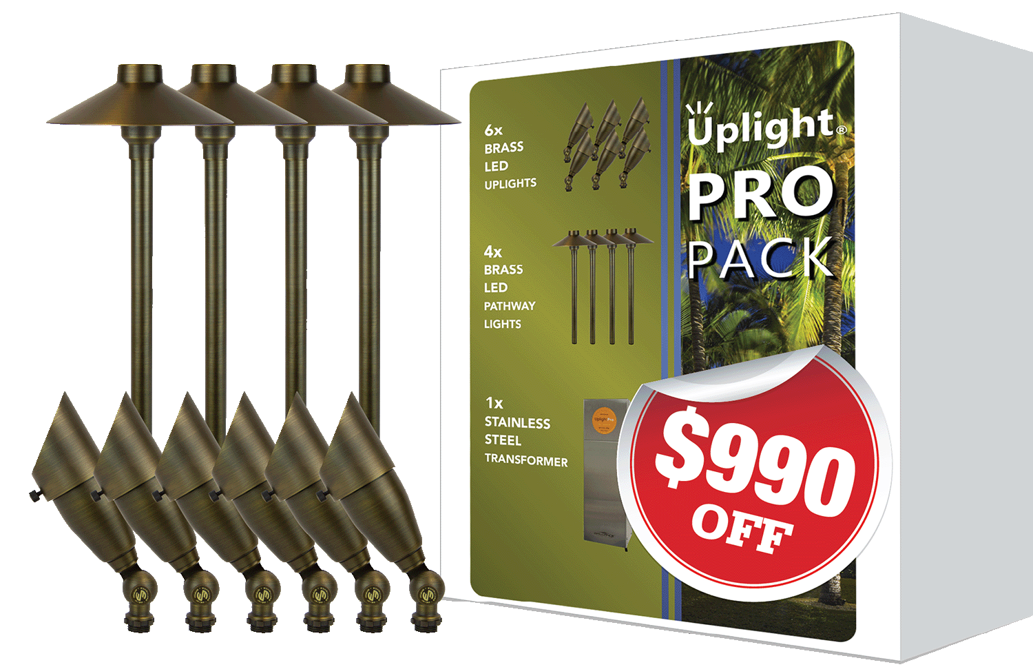 Uplight Pro Pack kit box with brass landscape uplights and a $990 off promotional badge